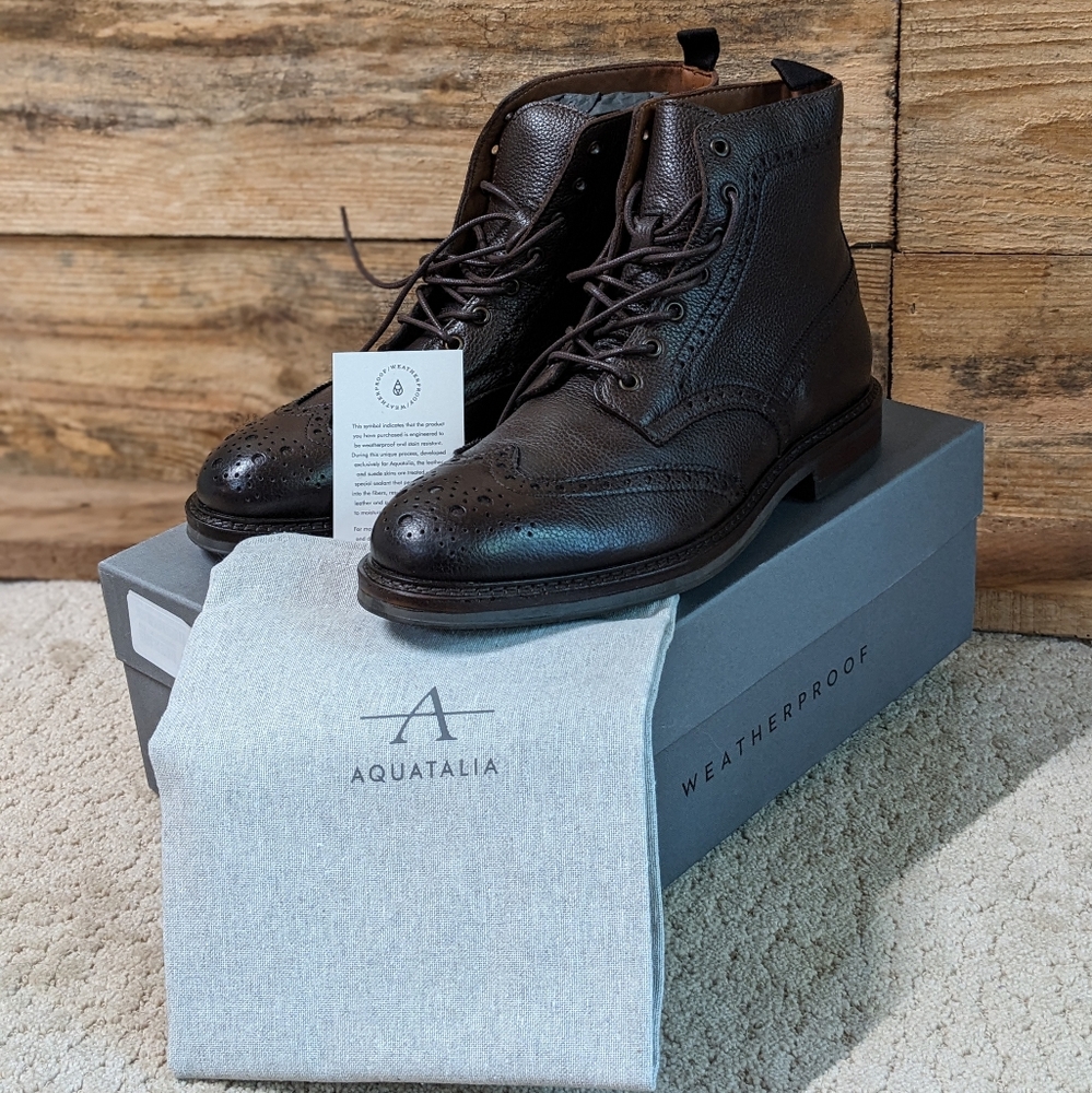 Aquatalia Savino Tumbled Cognac Weather Proof Leather Mens Shoes